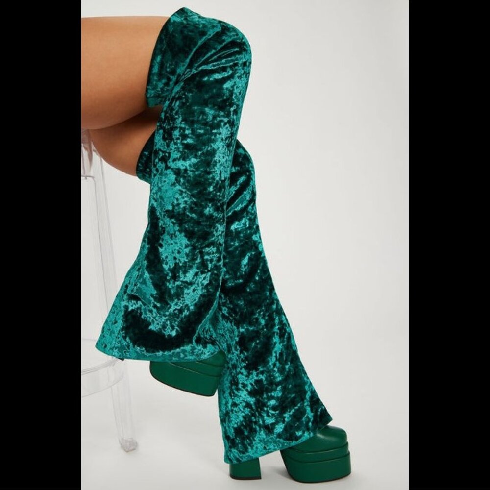 Good Will Unique Thigh High Emerald Velvet Fold over Chunky Heel Platform Boots - Picture 3 of 15